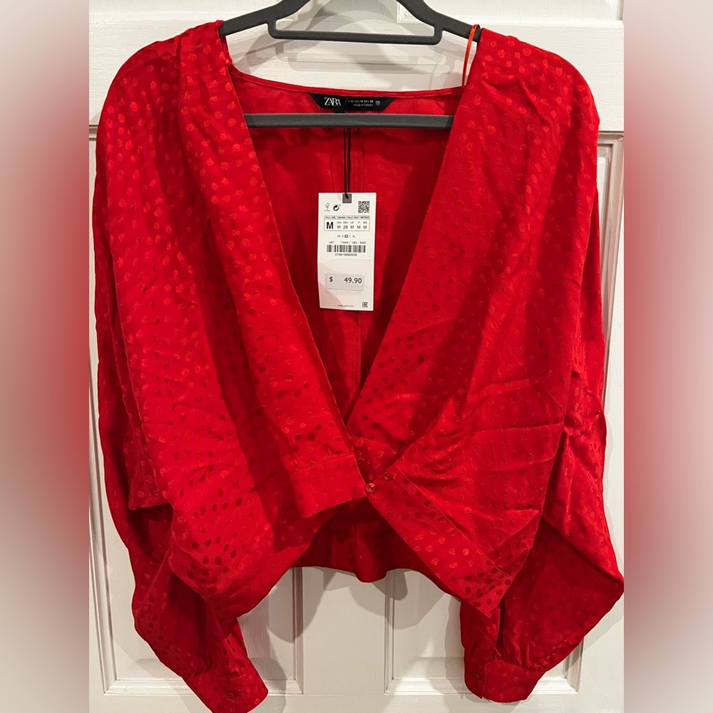 Zara Red Jacquard Surplice Faux Wrap Polka Dot Blouse Top sz M